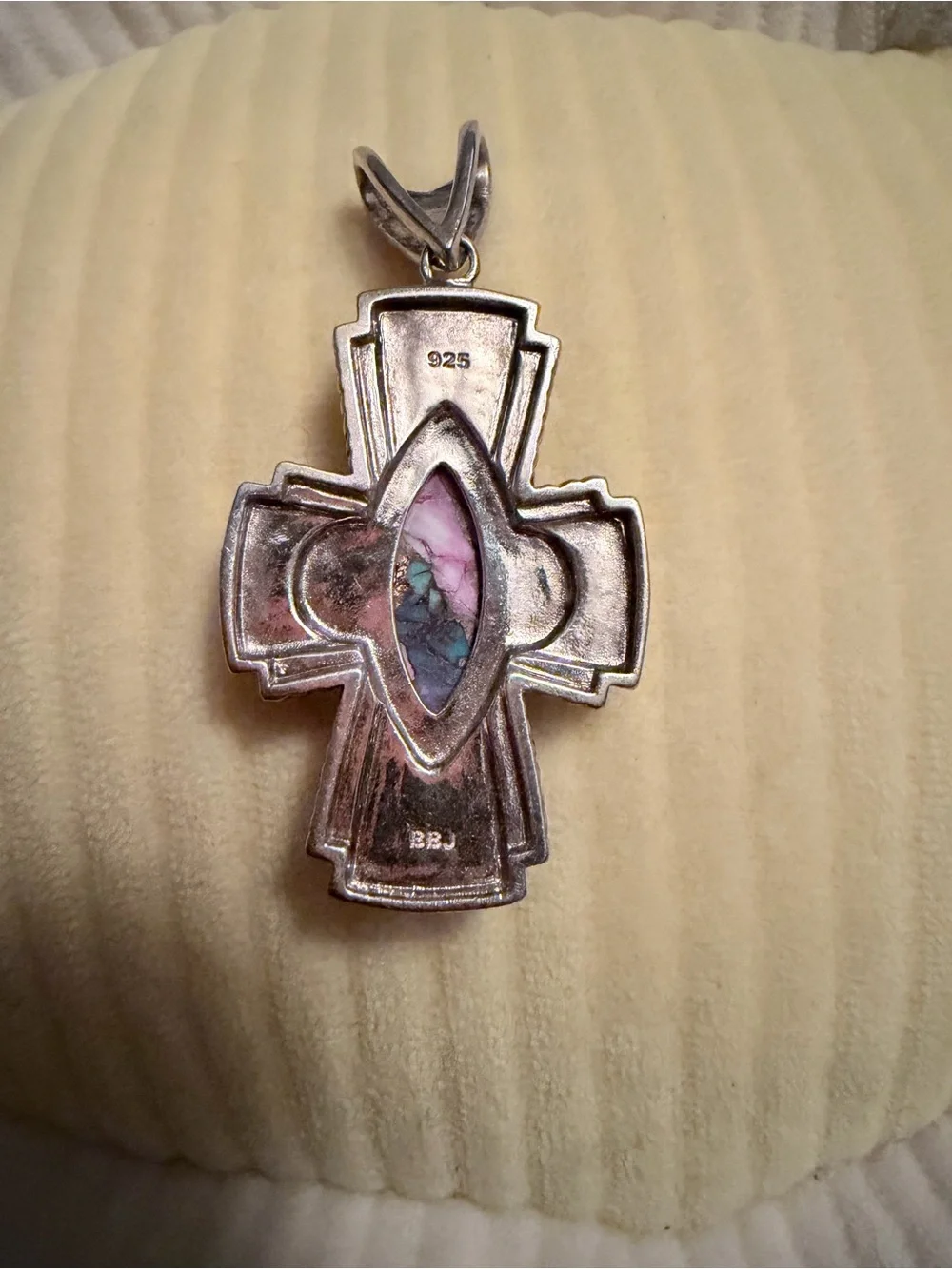 Source Unknown Sterling Silver Cross Pendant with Pink and Turquoise Inlay